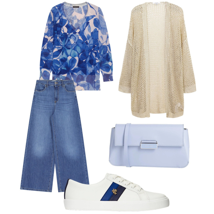 Outfit donna - Outfit primavera. per Tutti i giorni. Abbinamento con borse a tracolla, kimono, pantaloni a palazzo, sneakers, maglieria.