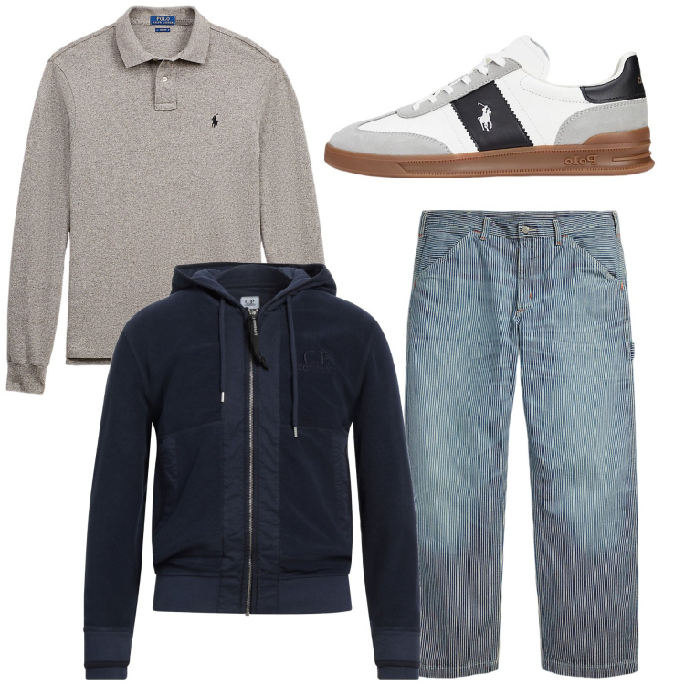 Outfit uomo - Primavera. Stile Casual per Tutti i giorni. Abbinamento con felpe, polo, sneakers, jeans.