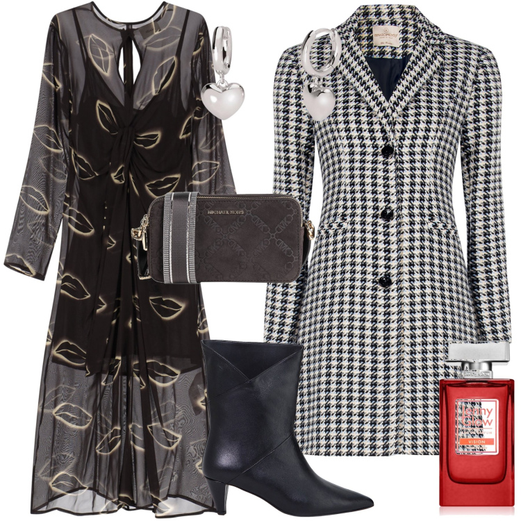 Outfit donna - Cena di coppia. Stile Chic per Serata fuori. Abbinamento con borse a tracolla, cappotti, profumi, orecchini, vestiti, stivaletti.