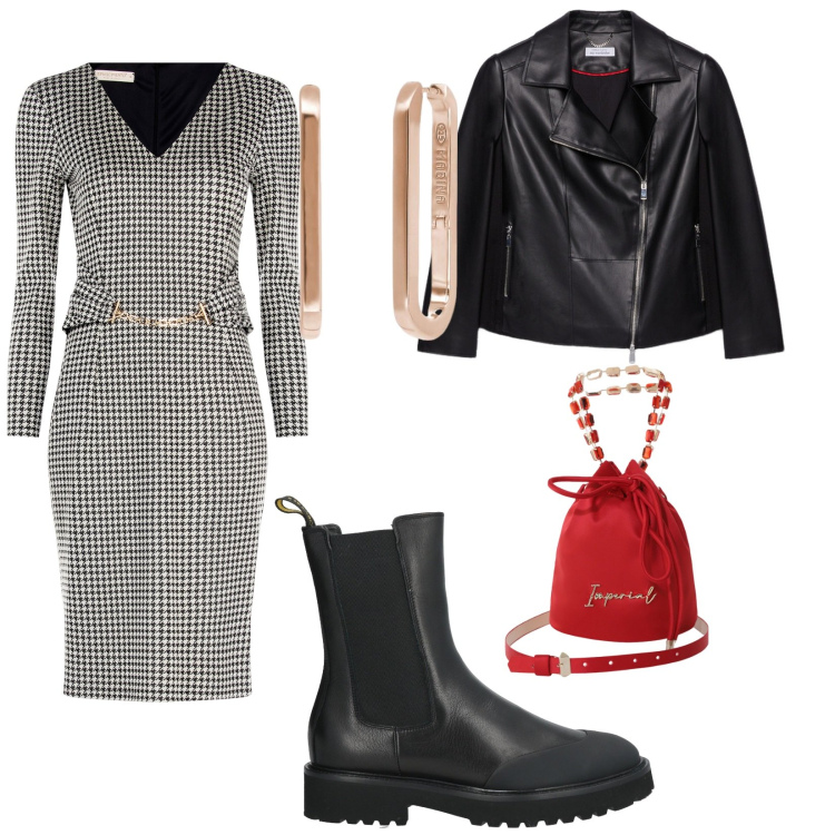 Outfit donna - Un tocco di rosso. per Tutti i giorni. Abbinamento con stivaletti chelsea, orecchini, vestiti midi/longuette, borse a secchiello, blazer.