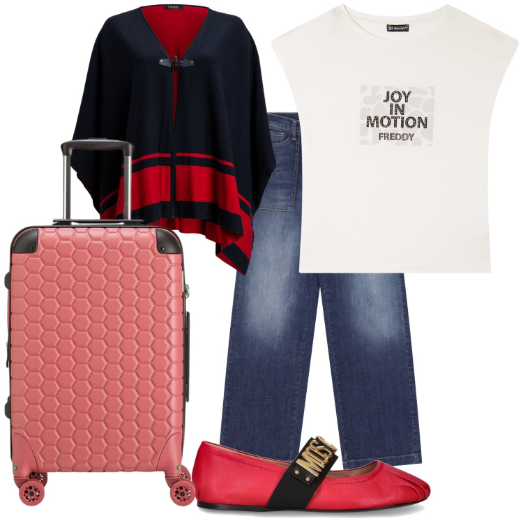 Outfit donna - Viaggio. Stile Trendy per Tutti i giorni. Abbinamento con jeans, t-shirt, cappotti, ballerine, valigie.