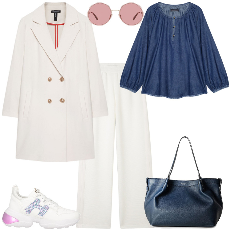 Outfit donna - Week end fuori porta. Stile Sporty chic per Tutti i giorni. Abbinamento con sneakers, borse a mano, occhiali da sole, pantaloni, cappotti, camicie.