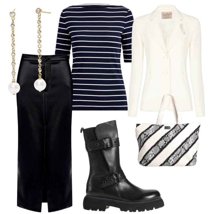 Outfit donna - Bianco e nero in primavera. per Ufficio. Abbinamento con stivaletti, borse a mano, orecchini, gonne, blazer, maglieria.