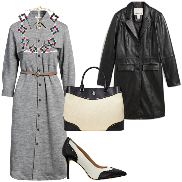 Outfit donna - Uscita serale tra amiche. per Serata fuori. Abbinamento con cappotti, vestiti midi/longuette, décolleté, borse a mano, collane.