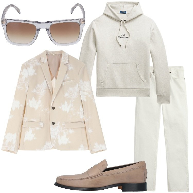 Outfit uomo - Trendy con il blazer fantasia. Stile Trendy per Tutti i giorni. Abbinamento con scarpe stringate, giacche, jeans dritti, felpe con cappuccio, occhiali da sole.