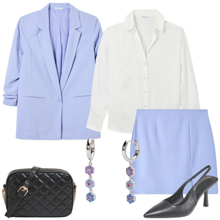Outfit donna - Total look #2073486. Stile Chic per Ufficio. Abbinamento con minigonne, camicie, décolleté, blazer, borse a tracolla, orecchini.