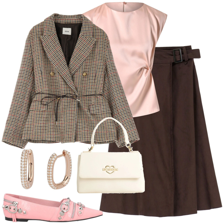 Outfit donna - Primavera Bantoa. Stile Bon Ton per Tutti i giorni. Abbinamento con ballerine, borse a mano, gonne, blazer, orecchini, top.