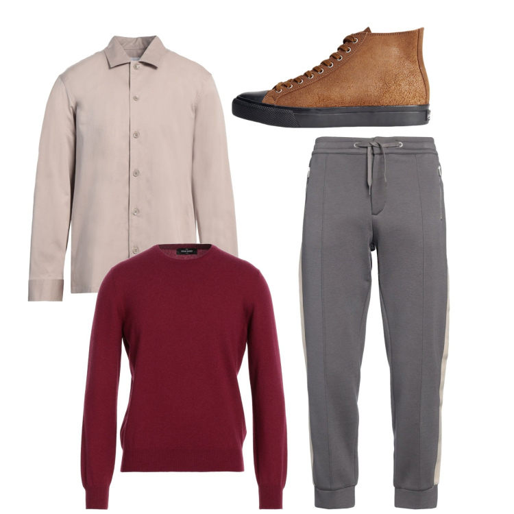Outfit uomo - Mezza stagione. Stile Trendy per Tutti i giorni. Abbinamento con pullovers, camicie, pantaloni sportivi, sneakers.