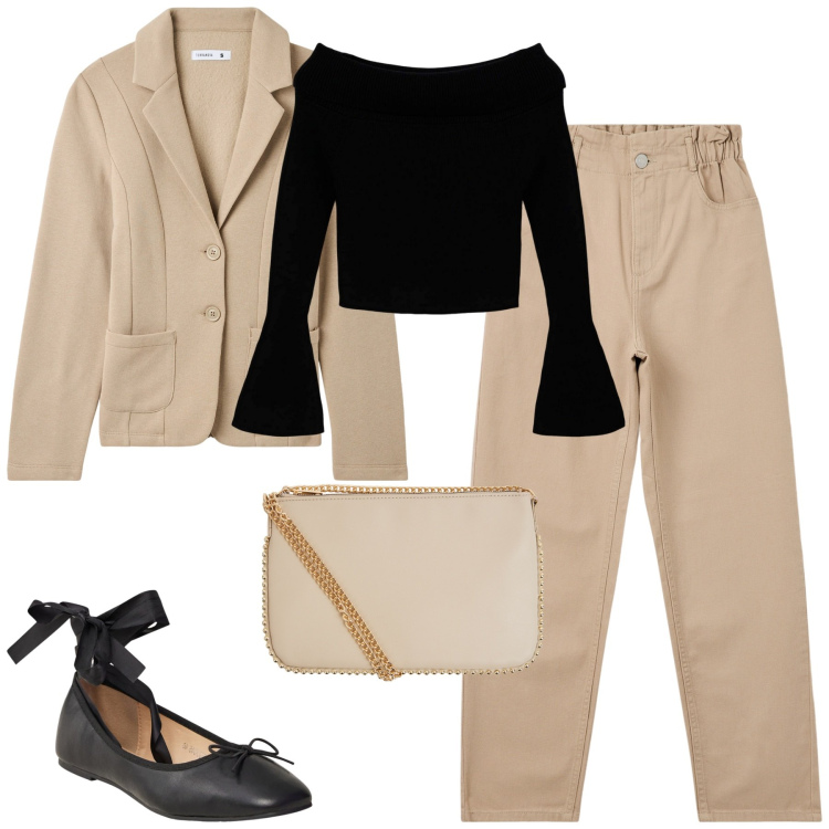 Outfit donna - Terranova new collection. Stile Minimal per Tutti i giorni. Abbinamento con pantaloni, maglieria, borse a tracolla, blazer, ballerine.