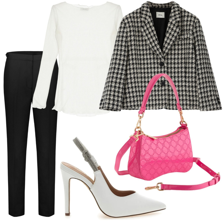 Outfit donna - Pantaloni slim fit. Stile Chic per Serata fuori. Abbinamento con blazer, maglieria, pantaloni, décolleté, borse a tracolla.