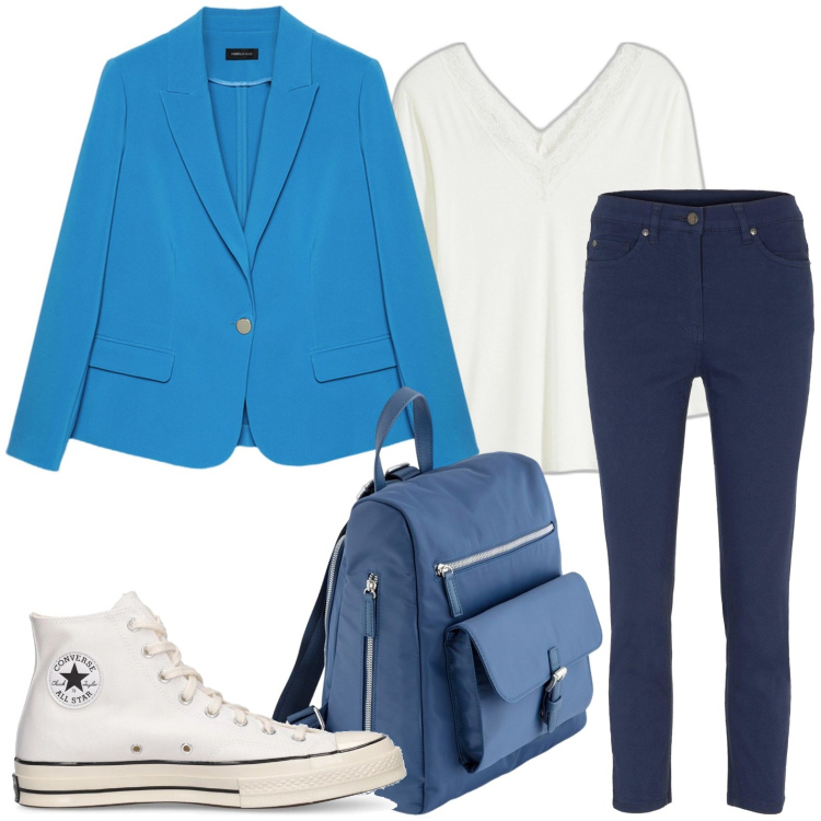 Outfit donna - Pantaloni slim fit. Stile Casual chic per Tutti i giorni. Abbinamento con pantaloni, maglieria, blazer, zaini, sneakers.