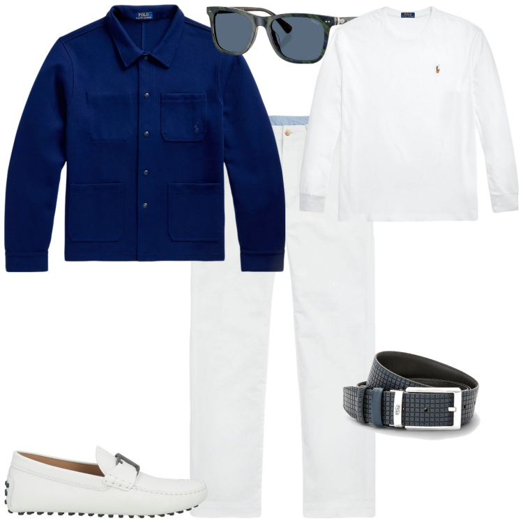 Outfit uomo - Week end al mare. Stile Trendy per Mare. Abbinamento con cinture, scarpe stringate, pantaloni, t-shirt, occhiali da sole, giacche.