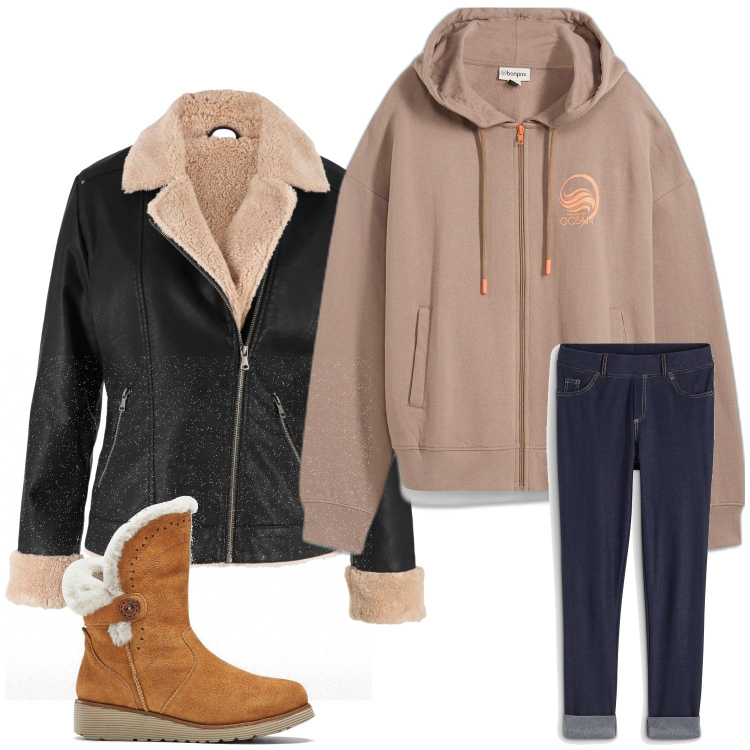 Outfit donna - Total look #2073505. Stile Casual per Tutti i giorni. Abbinamento con jeggings, blazer, stivali, felpe con cappuccio.