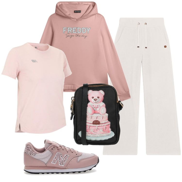 Outfit donna - Sportiva. Stile Sporty chic per Tutti i giorni. Abbinamento con borse a tracolla, t-shirt, pantaloni, felpe con cappuccio, sneakers.