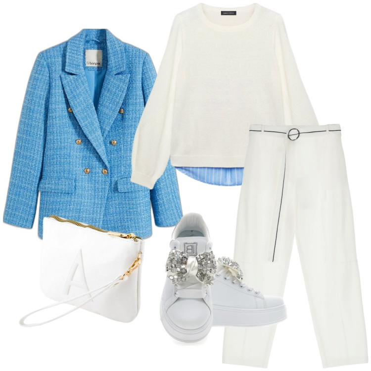 Outfit donna - Primavera in arrivo. Stile Sporty chic per Tutti i giorni. Abbinamento con blazer, pantaloni, sneakers, maglieria, pochette.