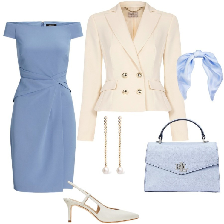 Outfit donna - Cerimonia primaverile. Stile Chic per Cerimonia. Abbinamento con blazer, borse a mano, vestiti, décolleté, foulard, orecchini.