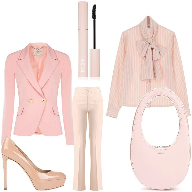 Outfit donna - Fior di ciliegio. Stile Chic per Serata fuori. Abbinamento con décolleté, mascara, blazer, pantaloni, camicie, borse a mano.