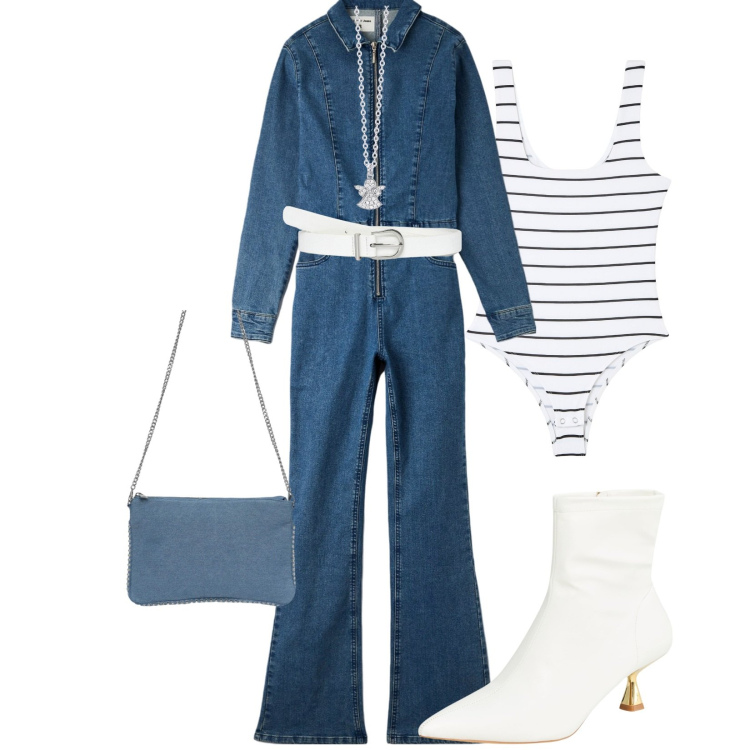 Outfit donna - Tuta per tutti i giorni. Stile Casual chic per Tutti i giorni. Abbinamento con stivaletti, body, borse a tracolla, tute, cinture, collane.