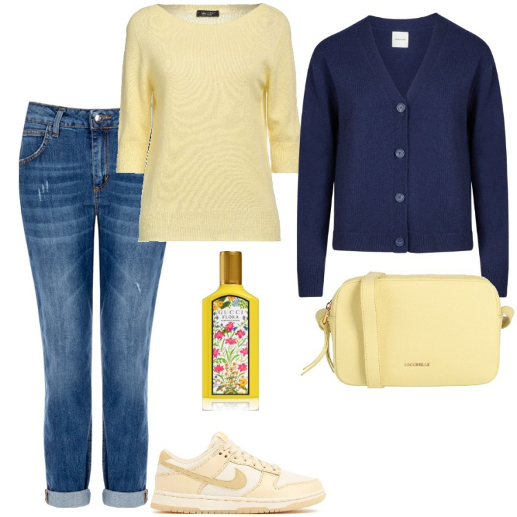 Outfit donna - Giornate di sole. Stile Casual per Tutti i giorni. Abbinamento con pullovers, borse a tracolla, profumi, jeans skinny, cardigans, sneakers.