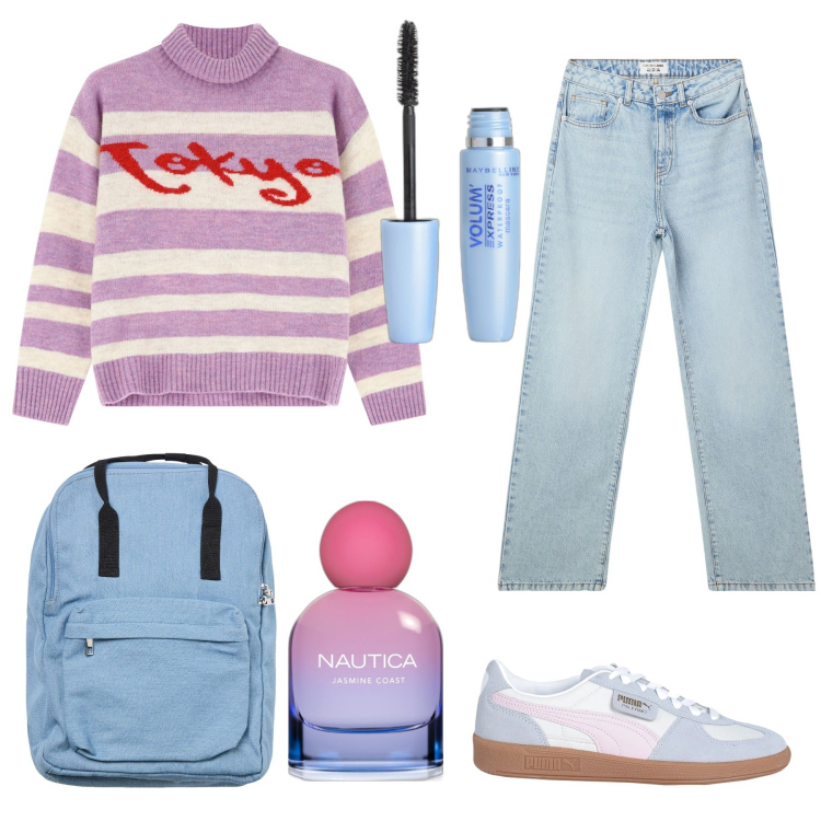 Outfit donna - Casual lilla e celeste. Stile Casual per Tutti i giorni. Abbinamento con sneakers, profumi, mascara, jeans dritti, zaini, maglieria.