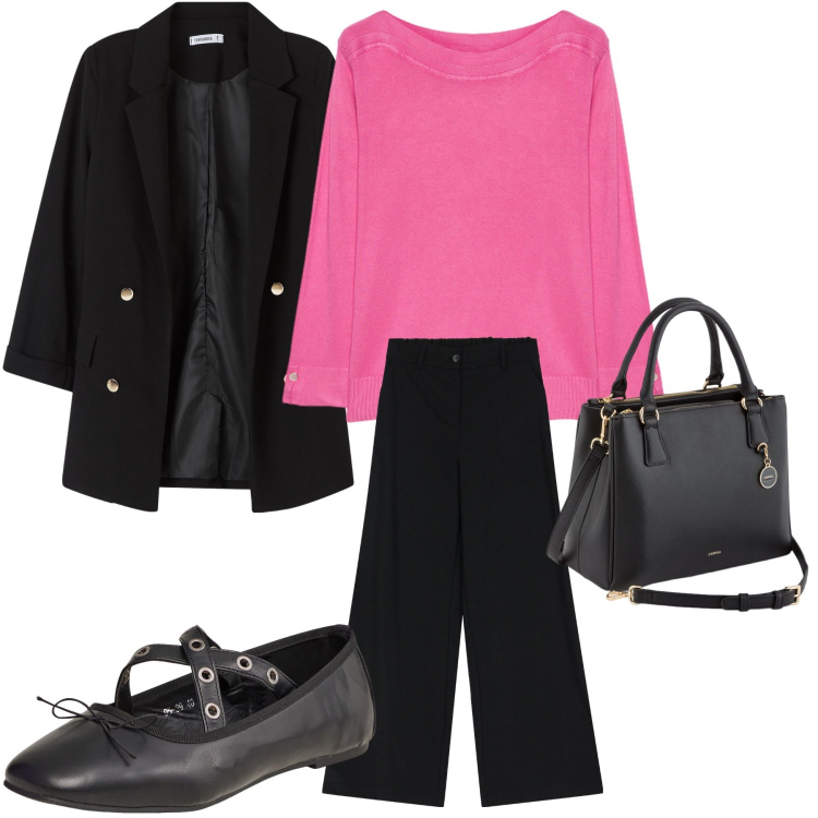 Outfit donna - Fine inverno. Stile Basic per Ufficio. Abbinamento con ballerine, blazer, pantaloni a palazzo, borse a mano, maglieria.