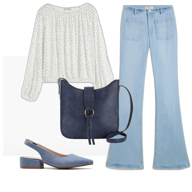 Outfit donna - Esplora la primavera. Stile Casual per Tutti i giorni. Abbinamento con décolleté, maglieria, jeans bootcut, borse a tracolla.