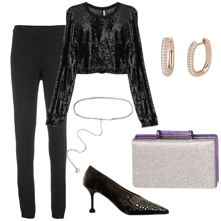 Outfit donna - Friday night. Stile Glamour per Serata fuori. Abbinamento con leggings, orecchini, pochette, t-shirt, décolleté, cinture.