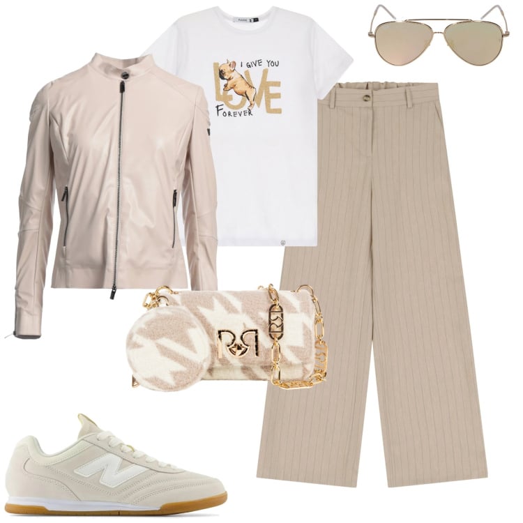 Outfit donna - Spring. Stile Casual chic per Tutti i giorni. Abbinamento con blazer, sneakers, t-shirt, borse a tracolla, pantaloni a palazzo, occhiali da sole.