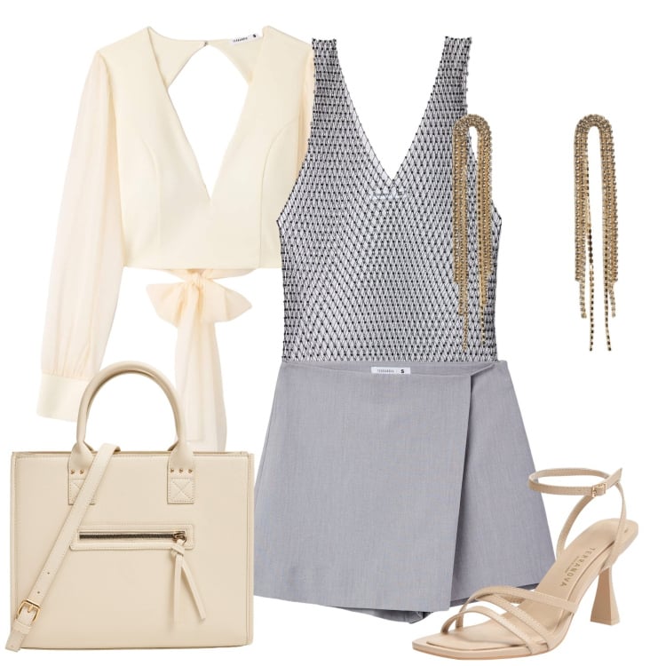 Outfit donna - Grigio e beige. Stile Chic per Serata fuori. Abbinamento con minigonne, top, bluse, sandali col tacco, shopping bag, orecchini.