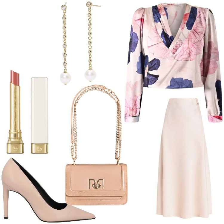 Outfit donna - Cerimonia in primavera. Stile Chic per Cerimonia. Abbinamento con décolleté, rossetti, orecchini, bluse, gonne longuette, borse a tracolla.