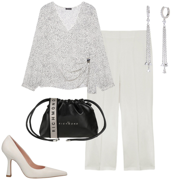 Outfit donna - La blusa fluida. Stile Romantica per Tutti i giorni. Abbinamento con décolleté, borse a tracolla, orecchini, bluse, pantaloni.