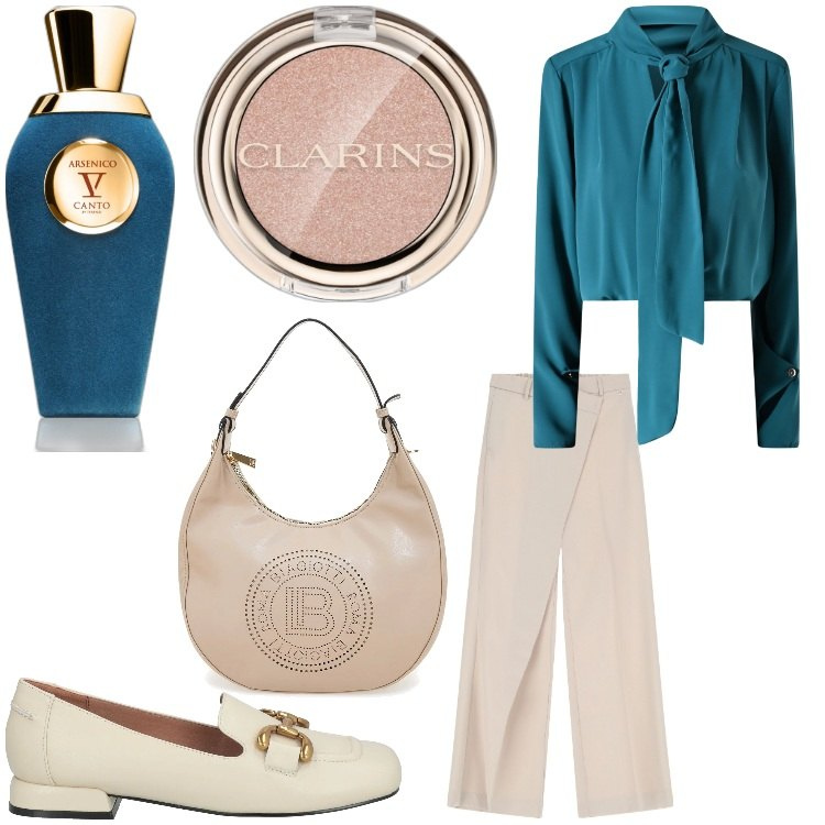 Outfit donna - Con i fiocchi. Stile Bon Ton per Ufficio. Abbinamento con mocassini, profumi, ombretti, bluse, pantaloni, borse a spalla.
