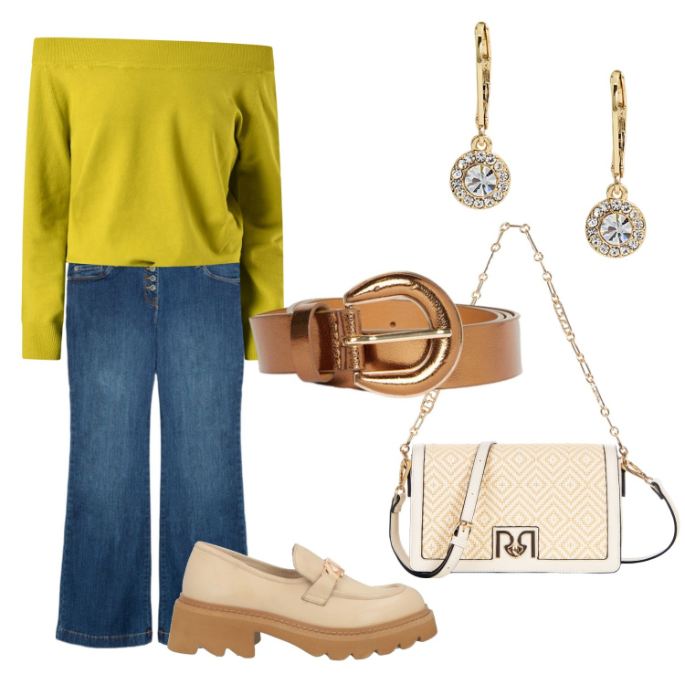 Outfit donna - Total look #2073544. Stile Casual chic per Tutti i giorni. Abbinamento con mocassini, maglieria, borse a spalla, orecchini, jeans, cinture.