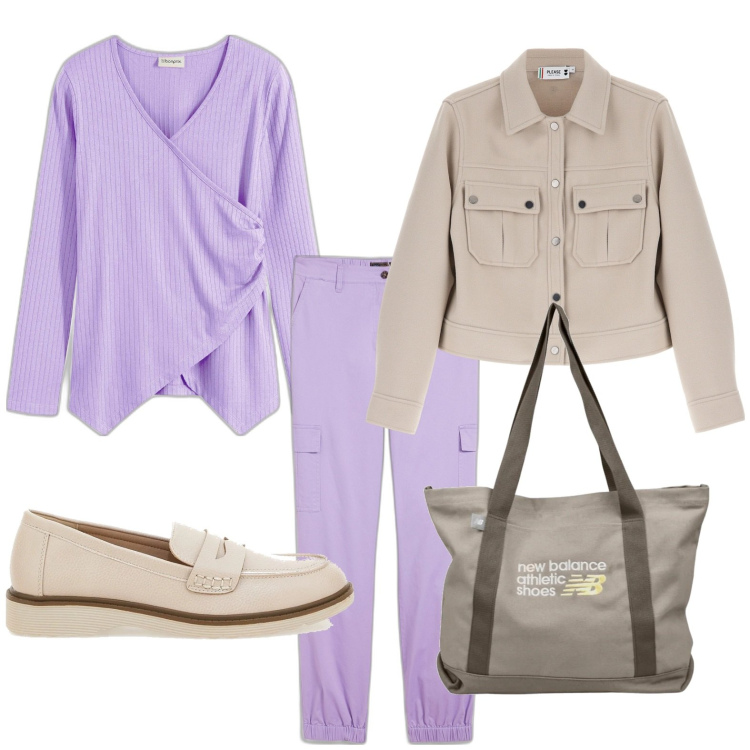 Outfit donna - colori della primavera. Stile Basic per Tutti i giorni. Abbinamento con pantaloni cargo, maglieria, shopping bag, blazer, mocassini.