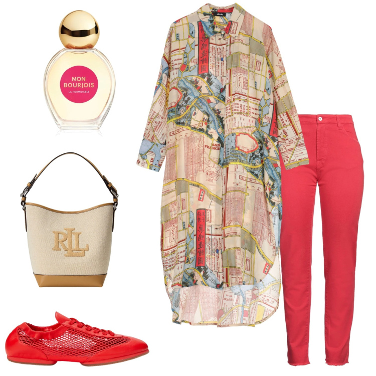 Outfit donna - Mappa cinese. Stile Casual chic per Tutti i giorni. Abbinamento con pantaloni, profumi, vestiti chemisier, borse a secchiello, ballerine.