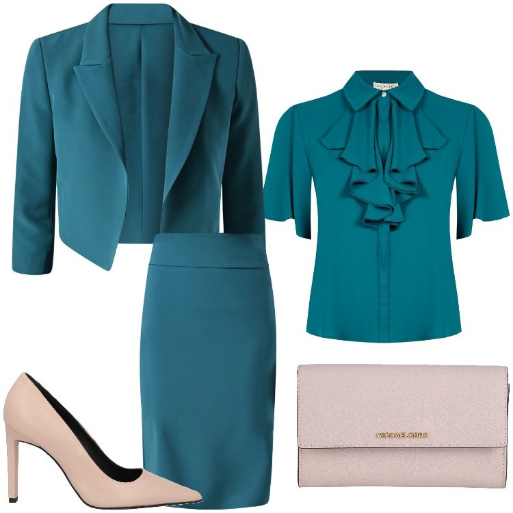 Outfit donna - Tono su tono. Stile Chic per Cerimonia. Abbinamento con borse a mano, décolleté, blazer, gonne, bluse.