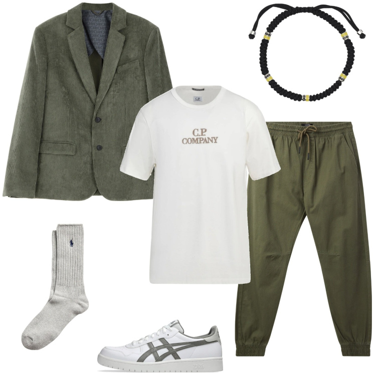 Outfit uomo - Sporty chic. Stile Urban per Tutti i giorni. Abbinamento con t-shirt, pantaloni sportivi, braccialetti, giacche, calzini, sneakers.