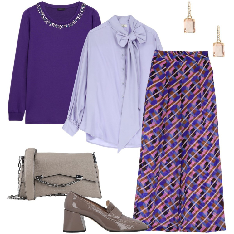 Outfit donna - I colori della primavera. Stile Bon Ton per Ufficio. Abbinamento con borse a tracolla, mocassini, pantaloni a palazzo, camicie, orecchini, felpe.