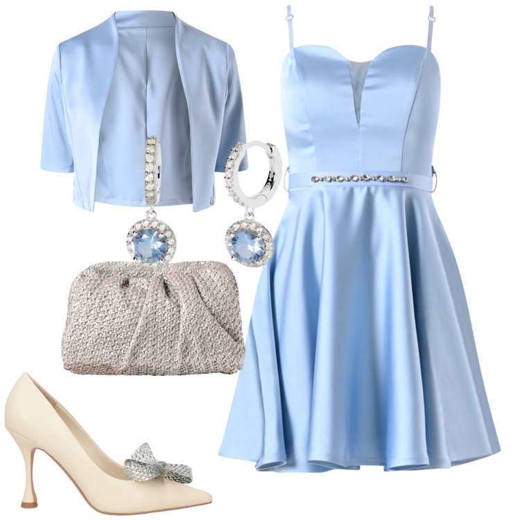 Outfit donna - Cerimonia di primavera. Stile Glamour per Cerimonia. Abbinamento con décolleté, orecchini, vestiti corti, clutch, bolero.