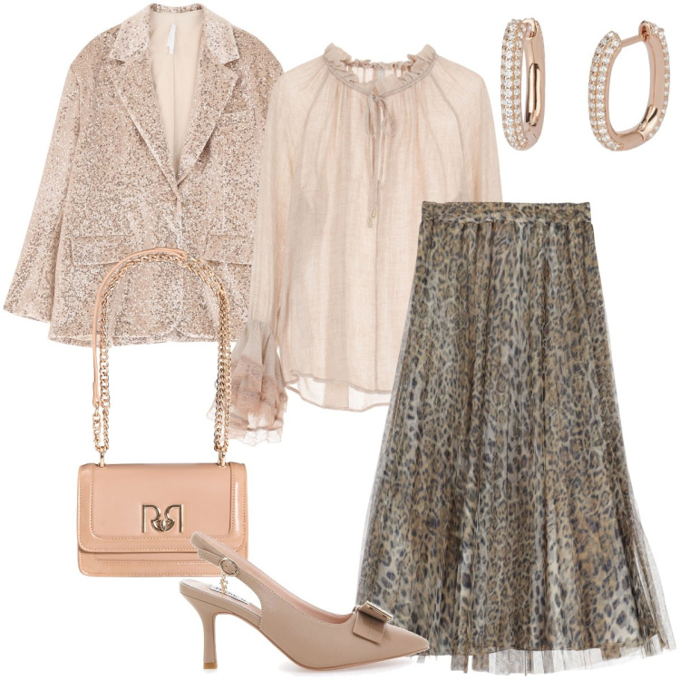 Outfit donna - Dal glitterato al leopardato. Stile Vintage retrò per Cerimonia. Abbinamento con orecchini, borse a tracolla, bluse, blazer, gonne, décolleté.
