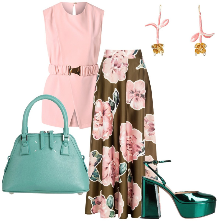 Outfit donna - La gonna a fiori. Stile Chic per Cerimonia. Abbinamento con borse a mano, orecchini, décolleté, gonne, bluse.