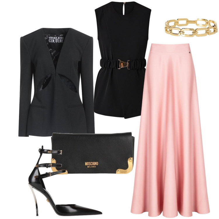 Outfit donna - La gonna satin. Stile Chic per Serata fuori. Abbinamento con décolleté, borse a mano, blazer, braccialetti, bluse, gonne.