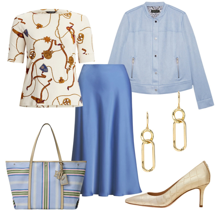 Outfit donna - Una borsa stilosa. Stile Casual chic per Ufficio. Abbinamento con t-shirt, orecchini, décolleté, borse tote, gonne, blazer.