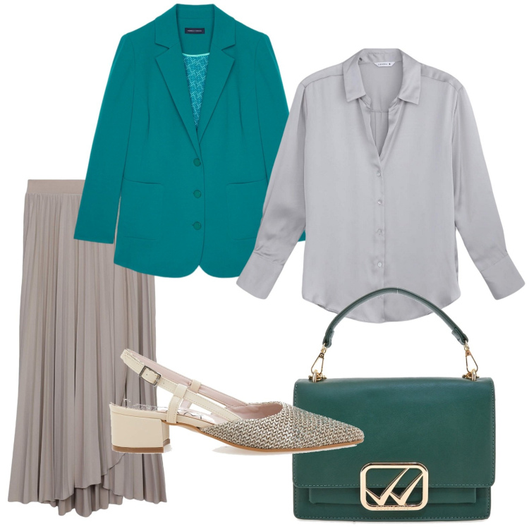 Outfit donna - Gonne midi per la primavera. Stile Chic per Serata fuori. Abbinamento con gonne lunghe, camicie, ballerine, blazer, borse a tracolla.