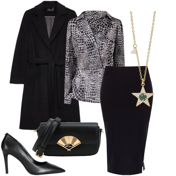 Outfit donna - La blusa pitonata. Stile Sexy per Serata fuori. Abbinamento con borse a tracolla, décolleté, collane, bluse, gonne, cappotti.