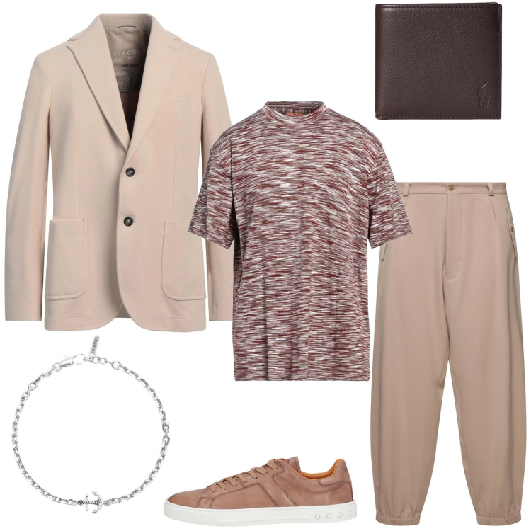 Outfit uomo - Sporty chic. Stile Casual per Ufficio. Abbinamento con giacche, t-shirt, sneakers, braccialetti, portafogli, pantaloni.