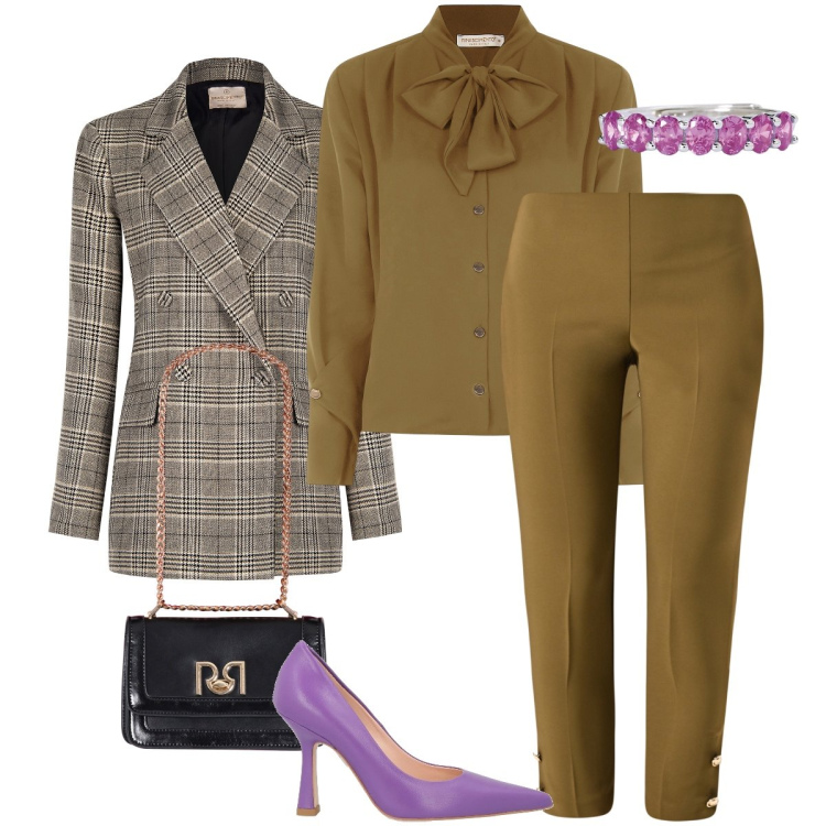 Outfit donna - Il completo con la blusa. Stile Bon Ton per Cerimonia. Abbinamento con décolleté, anelli, pantaloni, bluse, blazer, borse a tracolla.