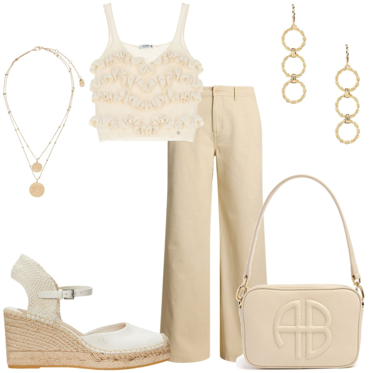 Outfit donna - Tutto chiaro. Stile Glamour per Tutti i giorni. Abbinamento con top, ciondoli, orecchini, espadrillas, pantaloni, borse a spalla.