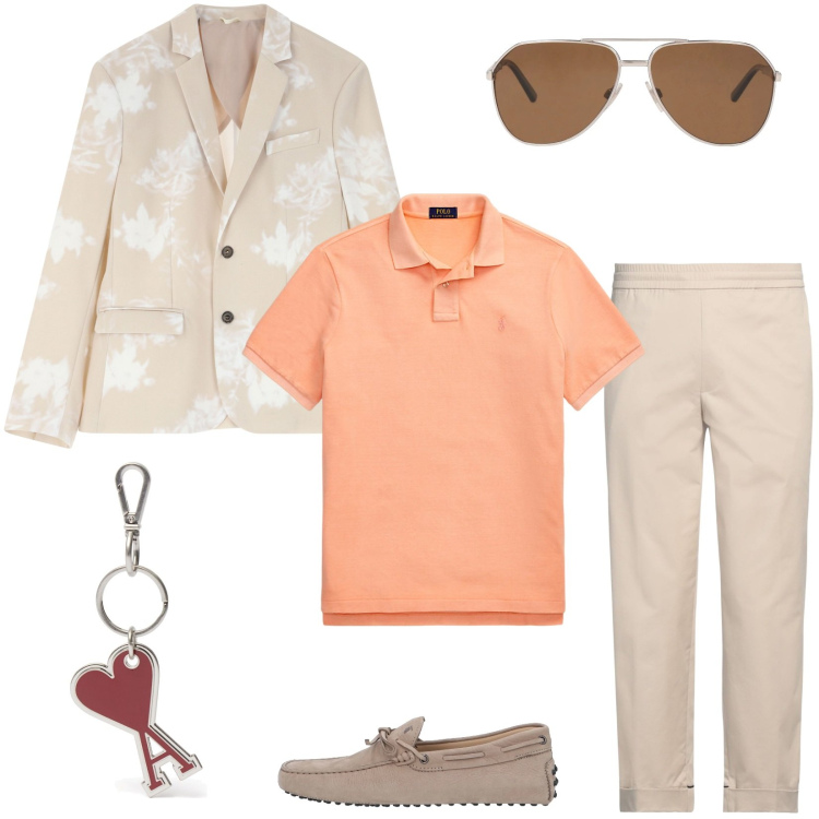 Outfit uomo - Primavera 2025. Stile Trendy per Tutti i giorni. Abbinamento con occhiali da sole, scarpe stringate, pantaloni, giacche, polo, portachiavi.
