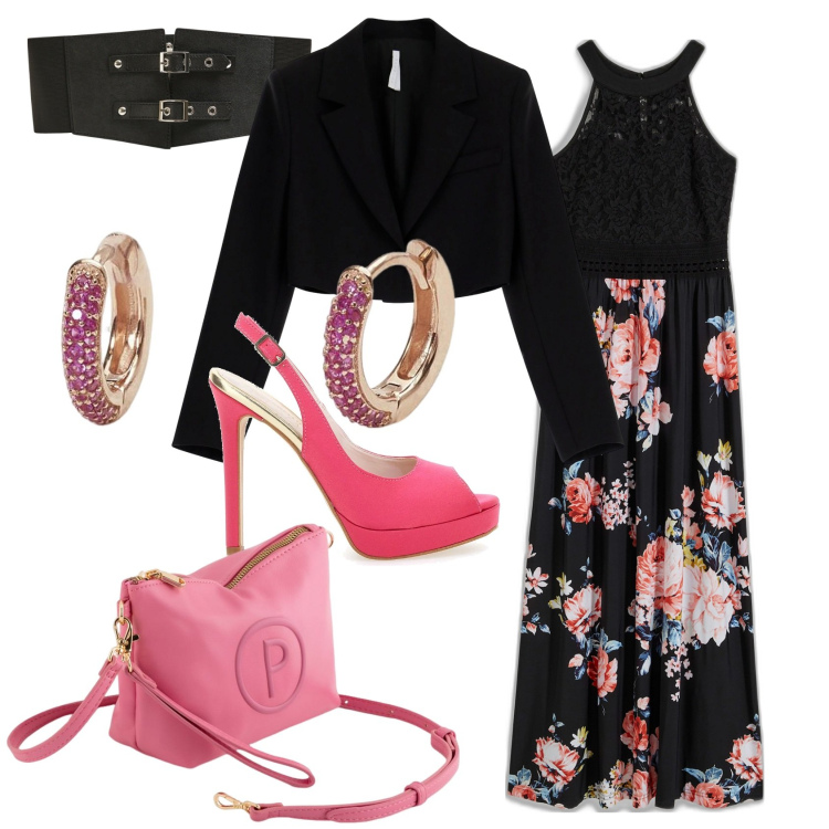 Outfit donna - Fiorita. Stile Boho per Serata fuori. Abbinamento con vestiti lunghi, cinture, orecchini, blazer, décolleté, valigie.